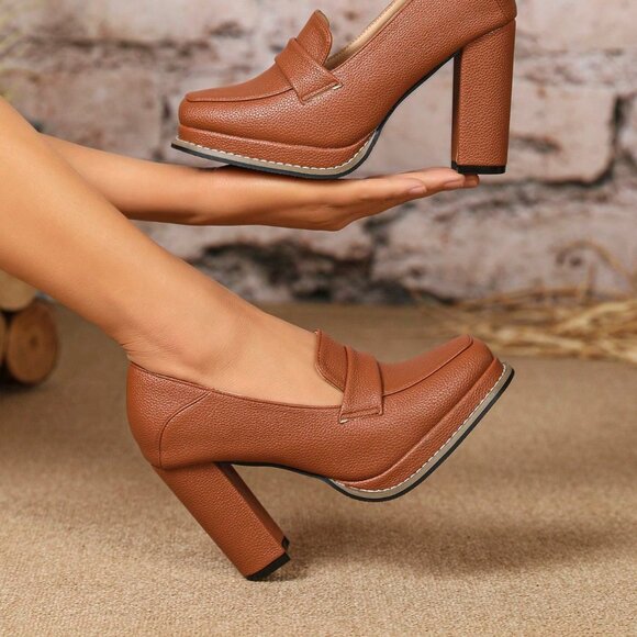 Brown Elegant Women's High Heel Square Toe Shoes - Picture 3 of 8